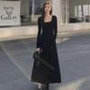 2024 Women's French Square Neck Long Sleeve A-Line Dress - Spring/Autumn Waist-Slimming Maxi