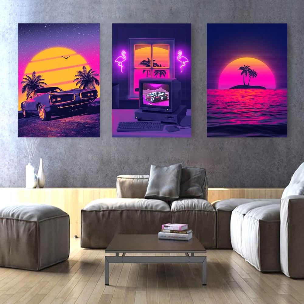 80s City Night CAR HOUSE SUNSET Wall Art 80s Outrun Vaporwave Style Poster Painting Decoration Kawaii Room Decor Canvas Poster