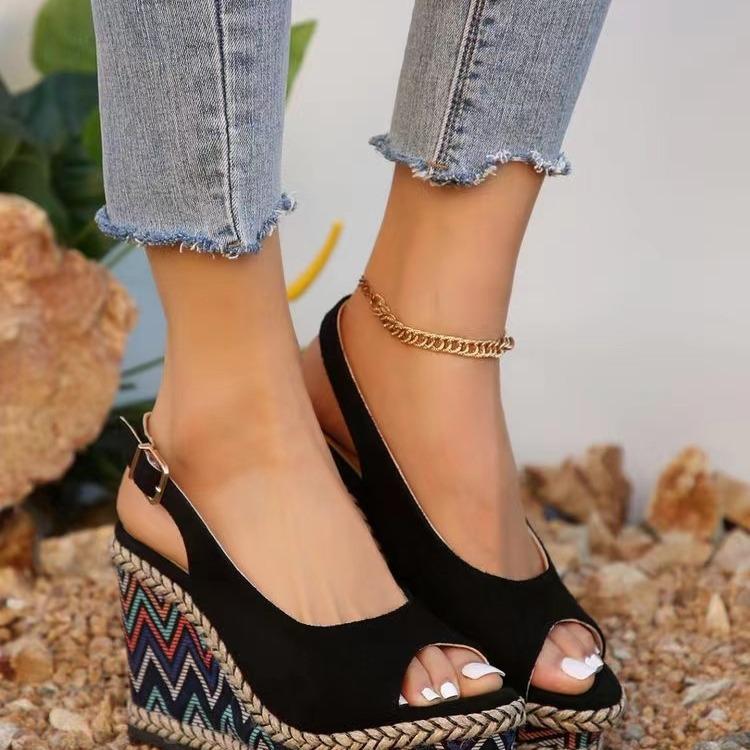 Foreign Trade Large Size Women's Shoes 2025 New One-word with Wedge Heel Platform Sandals Fashionable New Wedge Heel Sandals High Heel Women
