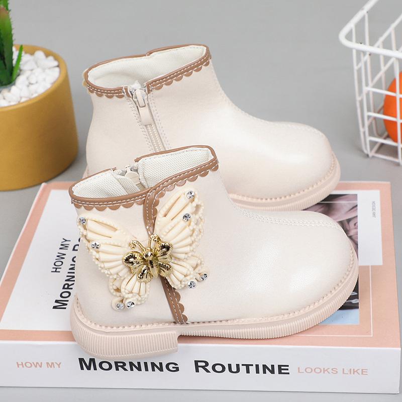 2025 New Girls Boots Classic Butterfly Sweet Princess Kids Shoes  Non-slip Round-toe Versatile Soft Children Boots