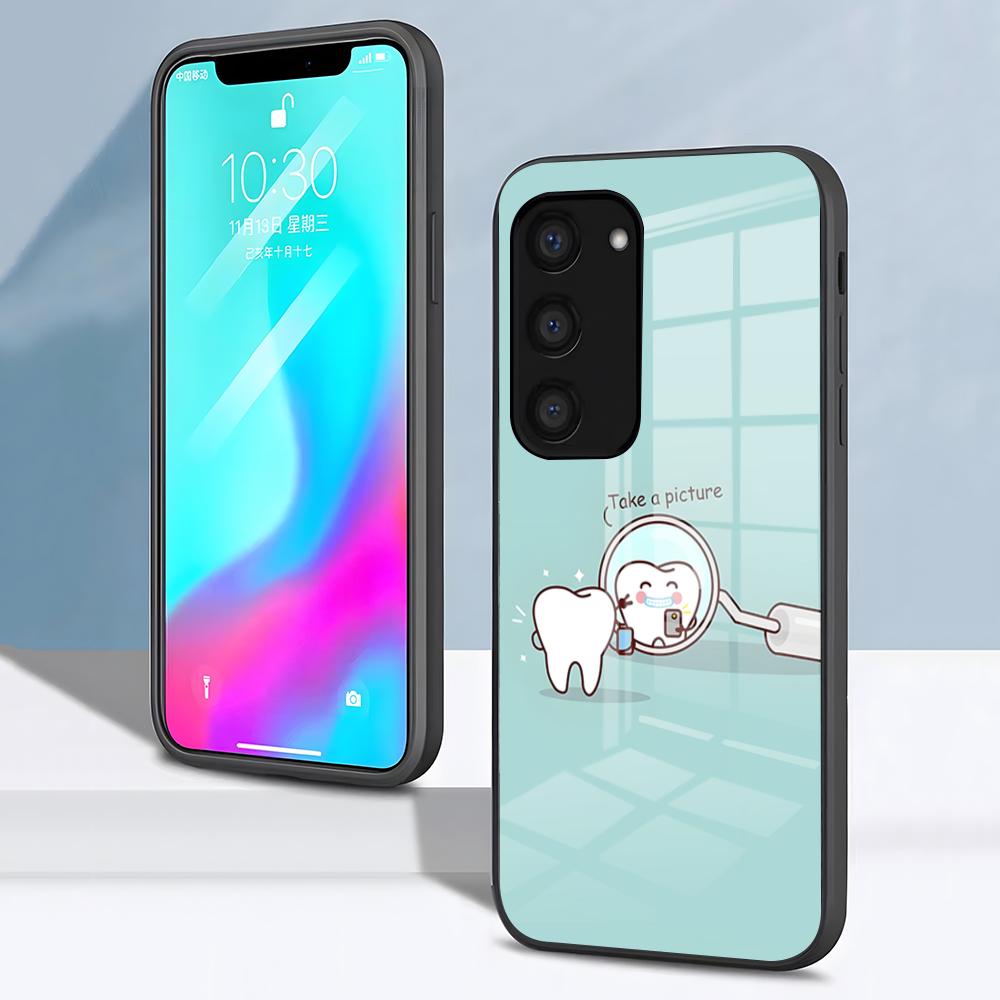 Cute Dentist Tooth Phone Case For Samsung S26 S25 S24 FE S23 S22 S21 Plus S20 Ultra Note20Ultra Black Glass Cover