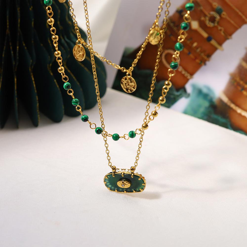 French Retro Style 18K Plated Real Gold Collarbone Chain, Malachite Beaded Titanium Steel Necklace Multi-Layer Stacking Design