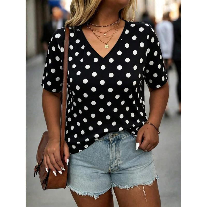 Womens V-Neck Short Sleeve Loose Fit T-Shirt With Floral Lake Scene Cartoon Bun Girl Print 2025 Casual Top