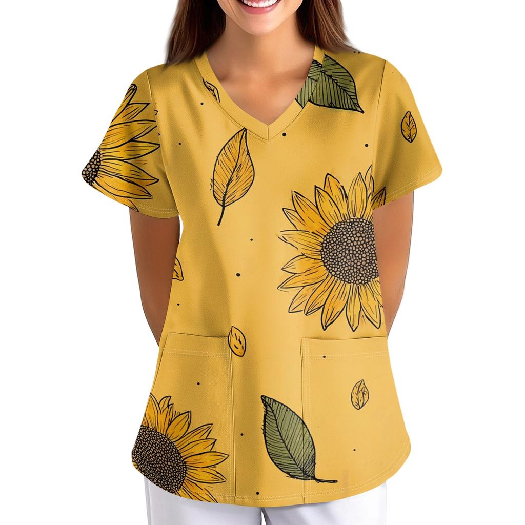 Women V Neck Printed Short Sleeve Loose Fit Scrub Top with Pockets for Nurses Caregivers Work Uniform Shirt