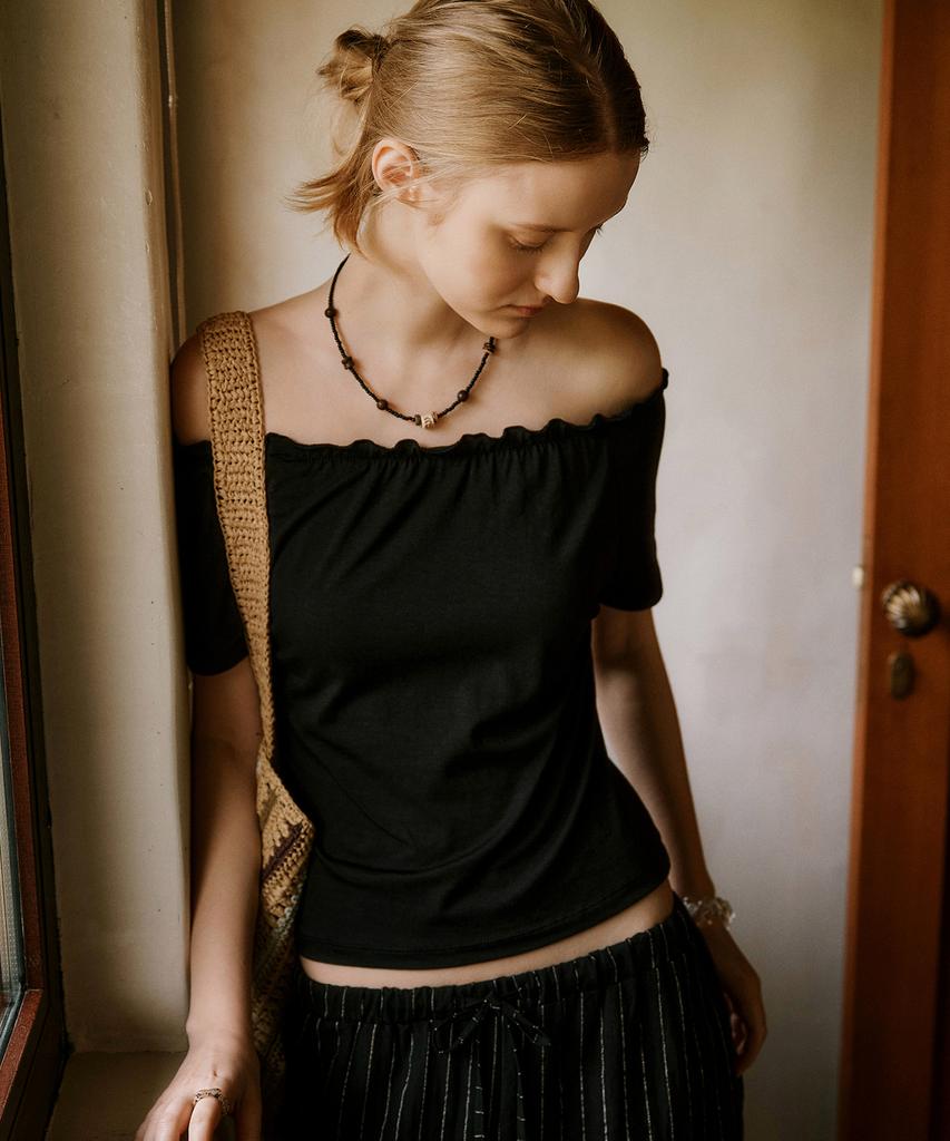 NEEV Frill Off-Shoulder Short Sleeve T-Shirt (Black)