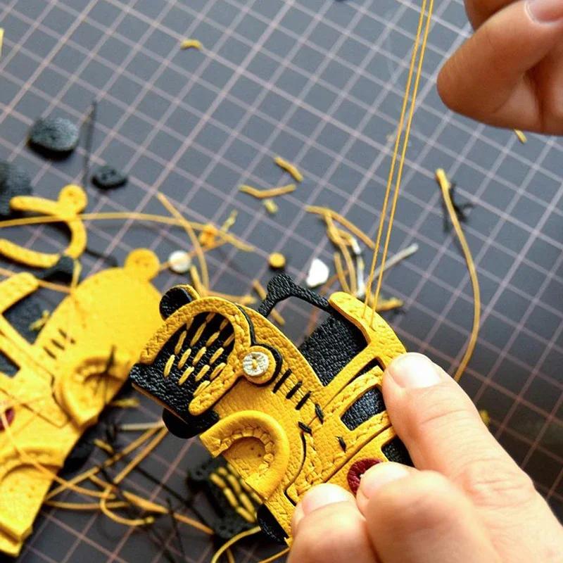 Handmade Leather Keychains School Bus Bag Charm KeyChain KeyRing Creativity, Birthday Gifts