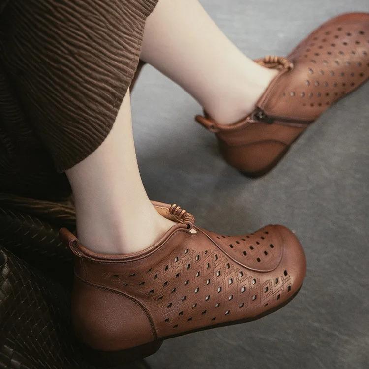 Johnature Retro Summer Short Boots Flat Side Zipper Genuine Leather Hollow-out Breathable Women's Shoes