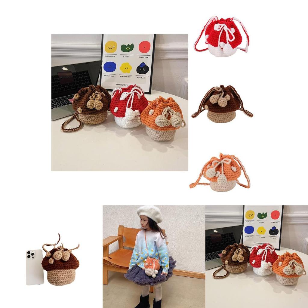 Adorable Fashionable Mushroom Knit Crochet Bag For Kids In Orange Red And Brown Colors