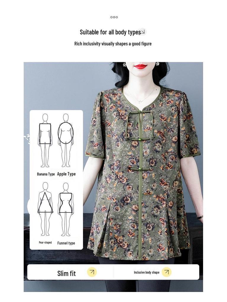 2025 Sommer Übergröße Chiffonbluse für Frauen mittleren Alters – Chinesischer Druck, Lässige Passform