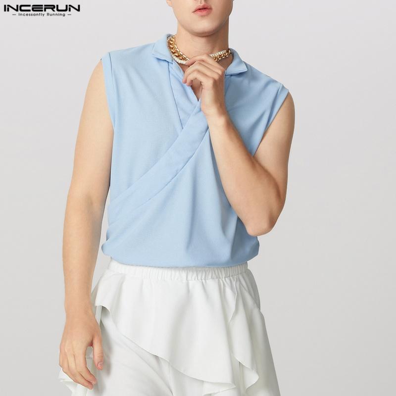 INCERUN Men Lapel V Neck Sleeveless Casual Front Cross Texture Tank Tops