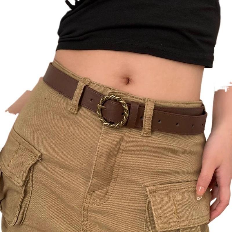 Black And Elegant Brown Pu Belts For Women With Decorative Round Buckles Stock In