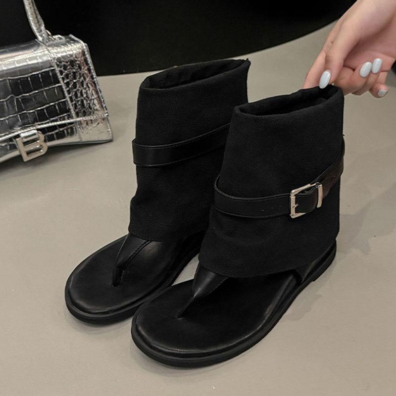 Fashion Retro Sandals Boots Women Summer Shoes Belt Buckle Flip-flops Versatile Wedge Heel Short Cool Boots Open-toe Flat Sandal Female