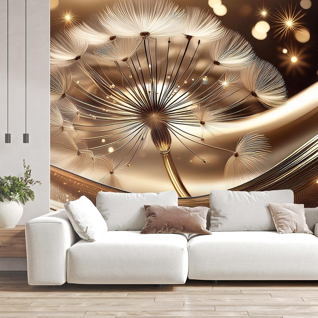 Fototapete Gold-Glamour Löwenzahn Uhr