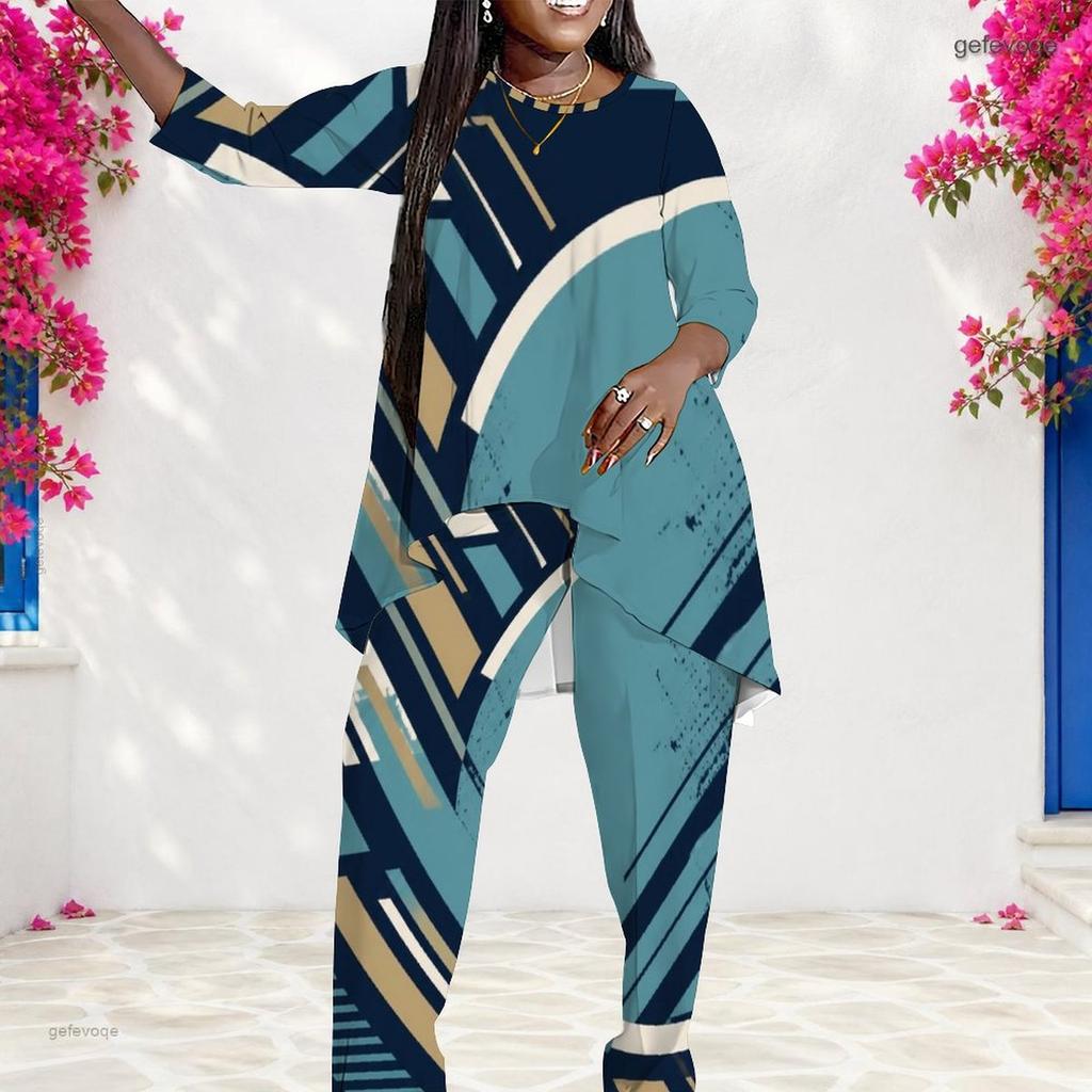 Women Plus Size Round Neck Long Sleeve Printed Layered Top And Long Pants Two Piece Set