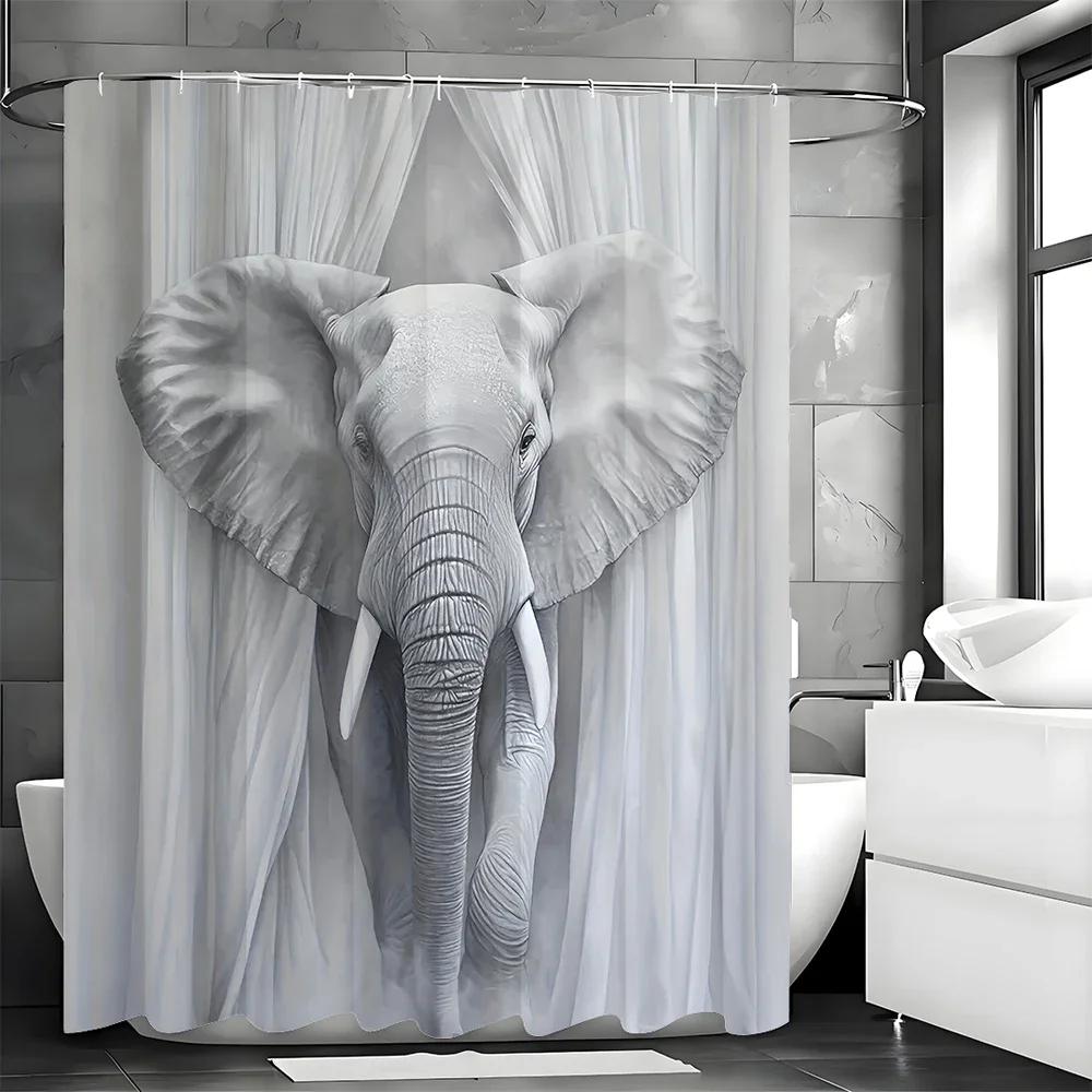Szara Zasłona Prysznicowa Słoń, Dekoracyjna Zasłona Prysznicowa do Łazienki, Wodoodporna Zasłona Prysznicowa z Haczykami 180x180cm