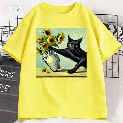 Camiseta con estampado artístico de gato de Van Gogh, divertida, camisetas gráficas, algodón, moderna, verano, holgada, manga corta, hombre, mujer, top Harajuku