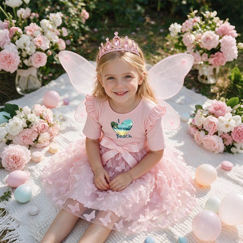 Girls Butterfly Tulle Dress, Case printing,Cute Princess Party Dress with Bow, Short Sleeve Summer Dress for Little Girls