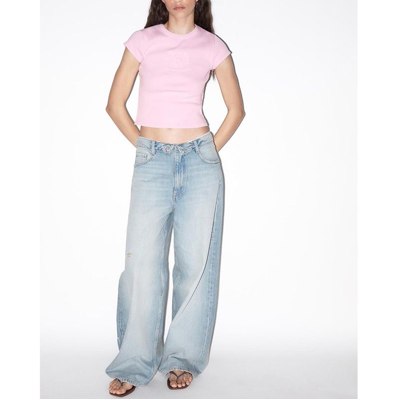 Summer New Product Women's Clothes Rib Trim Loose round Neck Short Sleeve Cartoon Print Washing Effect T-shirt 0347359