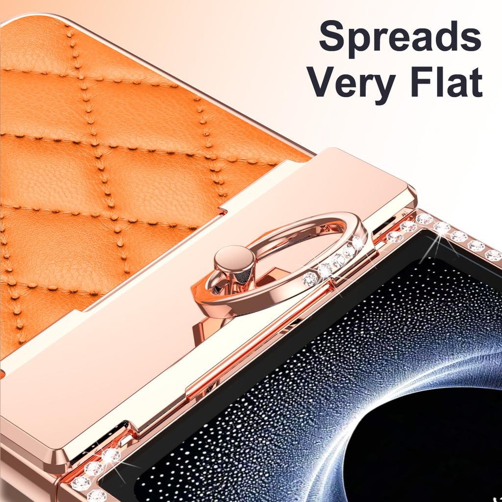 For Samsung Galaxy Z Flip7 5G Case Rhinestone Decoration Ring Holder Rhombus Leather + PC Phone Cover