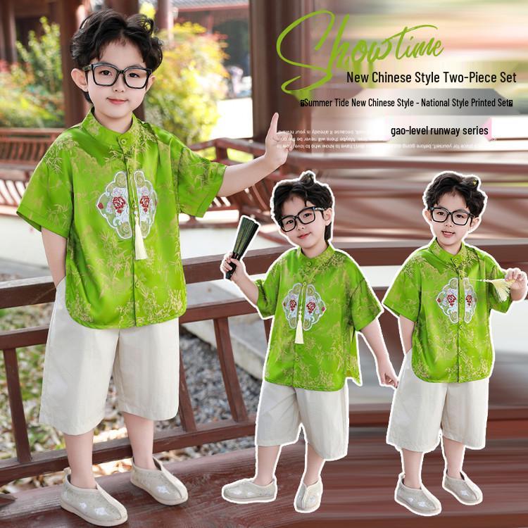 Boys' Hanfu Tang Suit - Dragon Boat Festival 2026: Green Gem National Style Short Sleeve Set for Toddlers