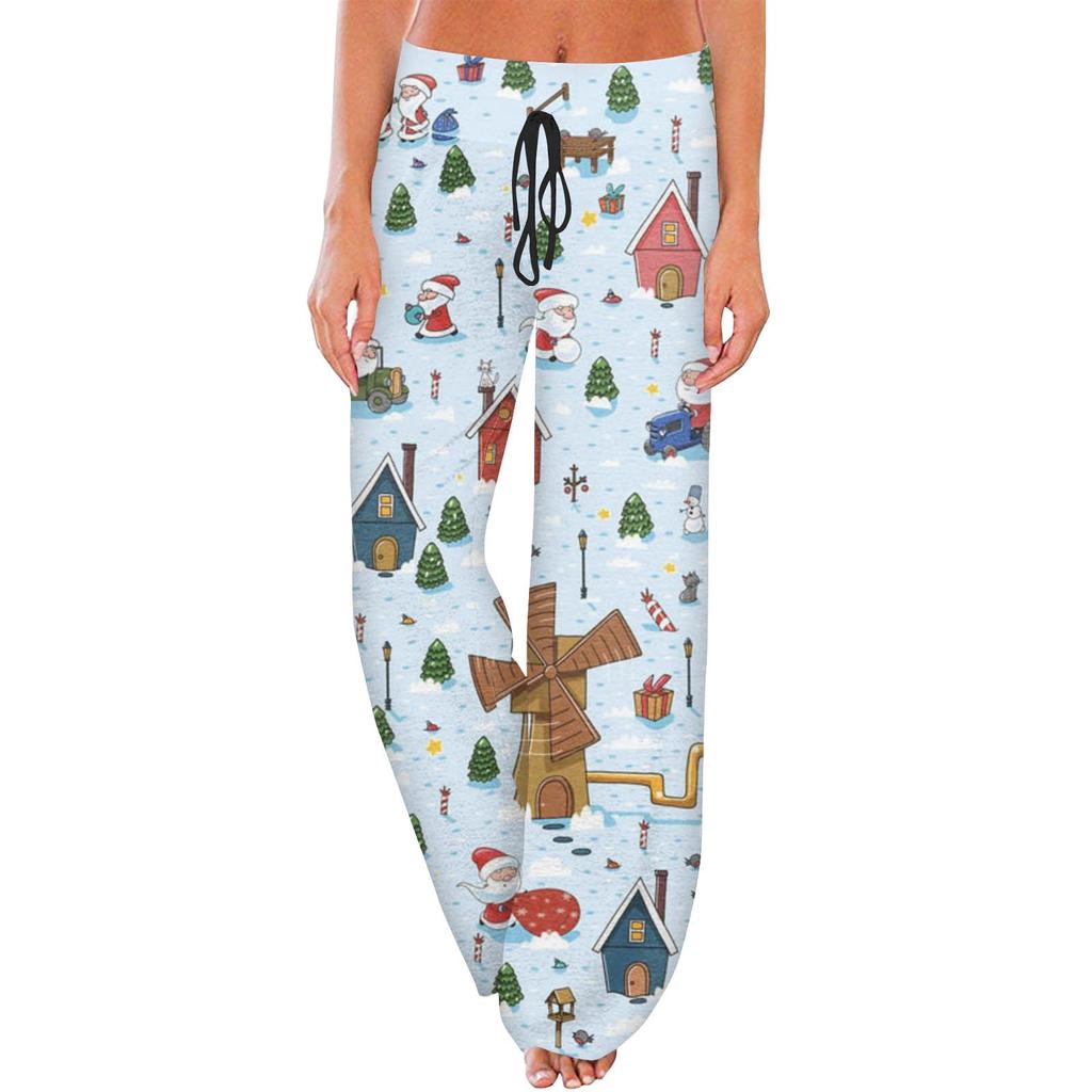 Women's Casual Fashion Comfort Pajama Pants Christmas Print Drawstring Wide Leg Pants