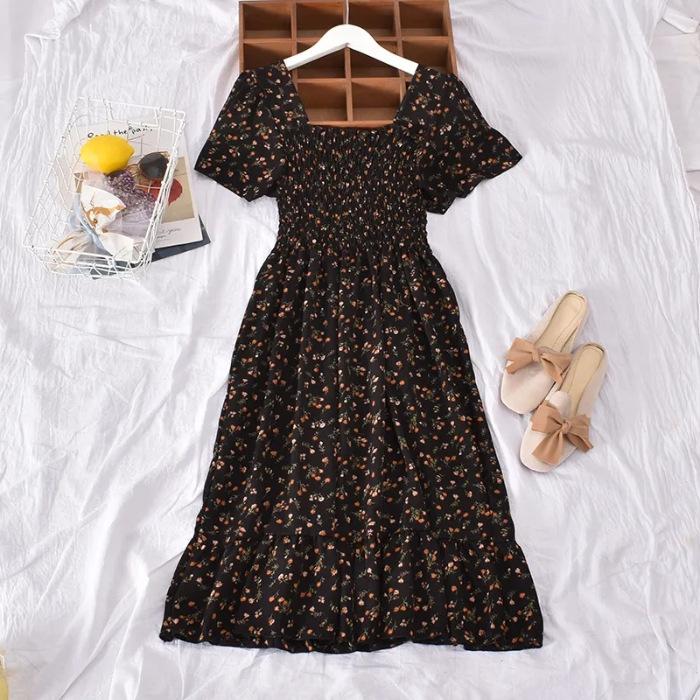 Women's Summer Retro Square-neck Floral, Waist-cinching and Slimming Ruffled Patchwork Dress