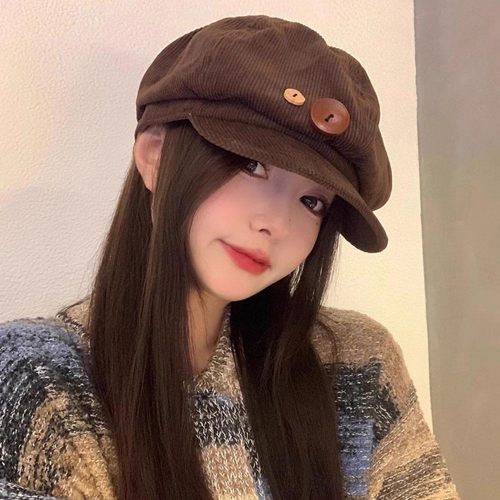 Vintage Corduroy Beret Hat For Women Korean Button Octagonal Cap Autumn Winter Painter Artist Hats Japanese Brown Peaked Caps