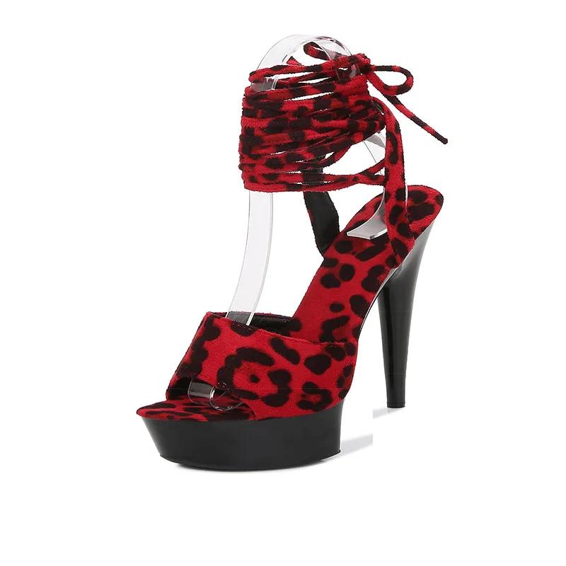 Fashion High Heel Sandals Thin Heel Sexy Black Platform 13CM15cm Hentian High Heel Leopard Slippers