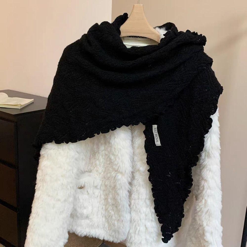 Thickened Widen Shawl Wrap Ruffled Edge Winter Scarf Knitting Triangle Scarf Casual Outfit