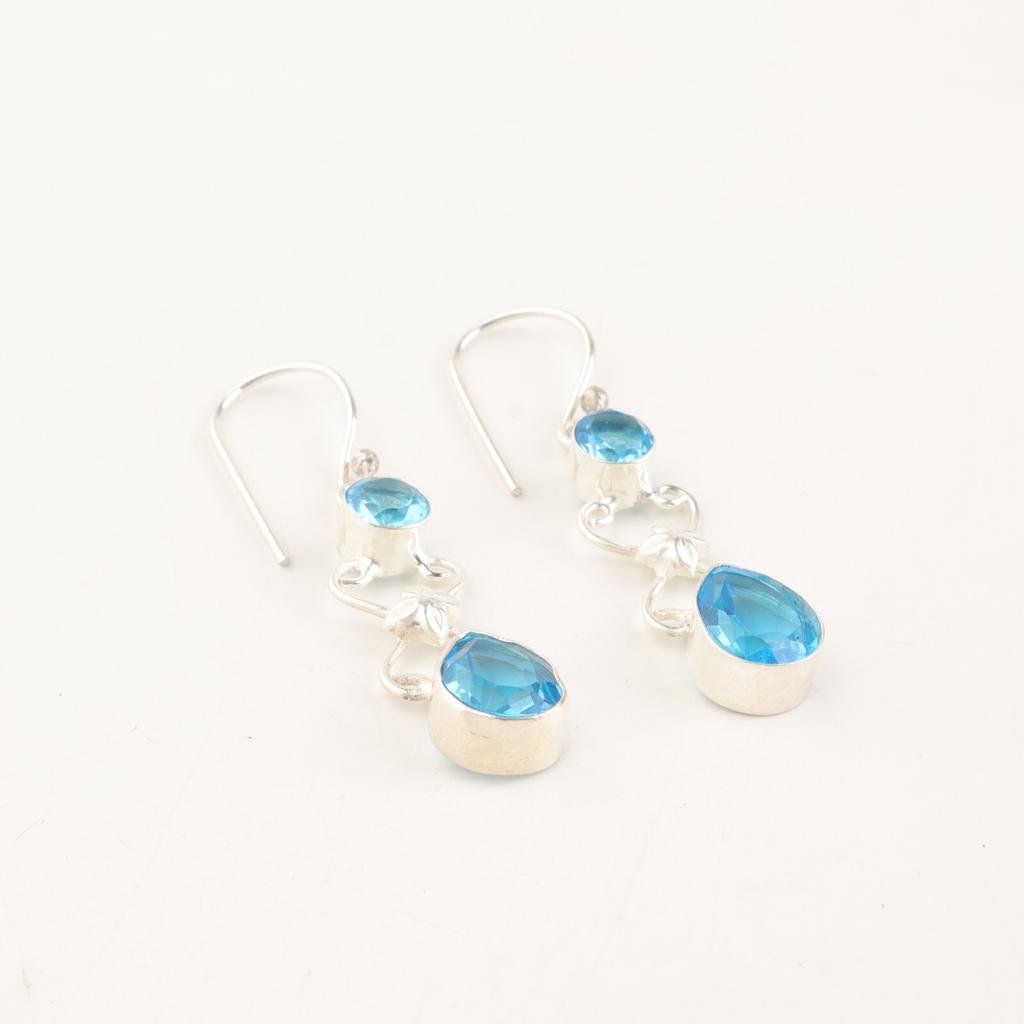 Natural Swiss Blue Topaz Gemstone 925 Solid Silver Jewelry Handmade Earrings 2" EE-156-13