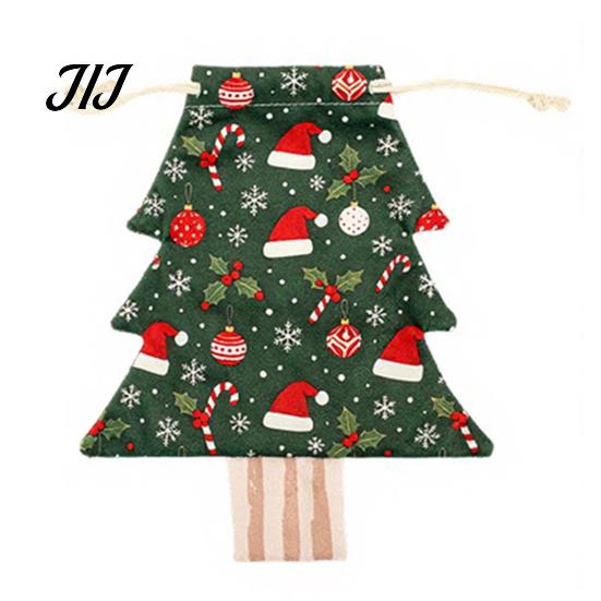 Flannel Christmas Decorations Tree Shaped Drawstring Gift Bags, Xmas Hanging Treat Sacks, Seasonal Home Decor Holiday Candy Small Storage Pouches for