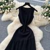 High-end Knitted Splicing Irregular Mesh Dress Women's Summer French Waist and Thin Temperament Sleeveless Long Dress