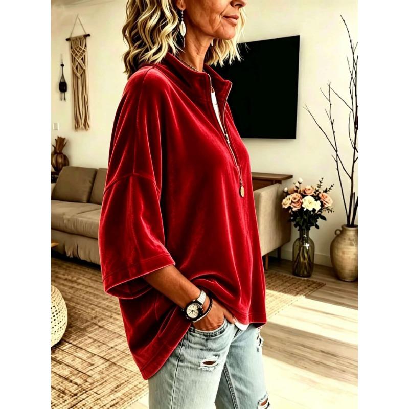 Women Velvet Top V Neck Long Sleeve Loose Fit Soft Fabric