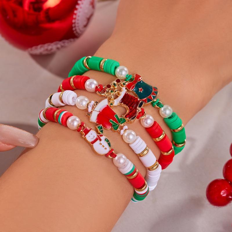 Christmas Day Color Acrylic Diamond Snowflake Bell Elastic Beaded Bracelet Christmas Set