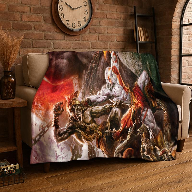 Retro God of War Game Kratos Flannel Blanket Soft Warm Throw Blanket for Bedroom Living Room Bed Travel Camping Picnic Gift