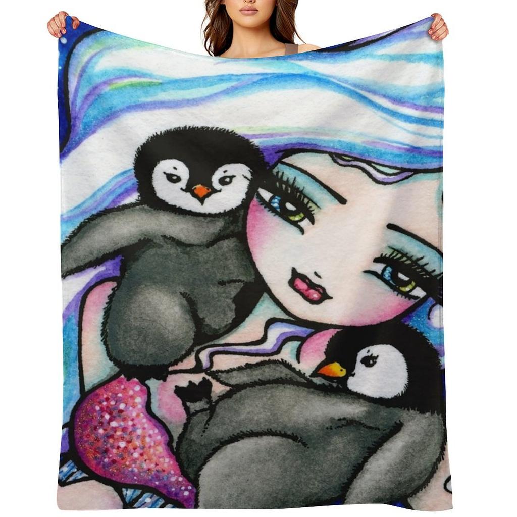 Frosty Mermaid with Baby Penguin Friends Whimsical Fantasy Art Throw Blanket Stuffeds Softest Flannel Fabric For Baby Blankets