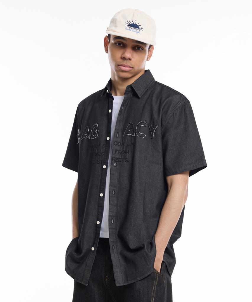 CREAM SODA LAB Applique Embroidered Lettering Denim Collared Short Sleeve Shirt Black