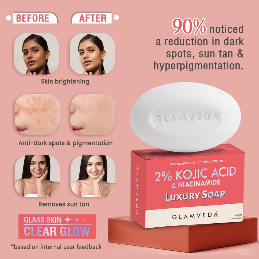 Glamveda 2% Kojic Acid Skin Lightening Soap with Niacinamide | For Dark Spots, Pigmentation & Sun Tanning | For Glass Skin | Clear Glow | All Skin