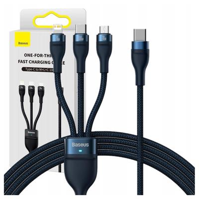 Kabel USB 3in1 Baseus Flash Series 2, USB-C + Micro USB + Lightning, 100W, 1,5M (Blau)