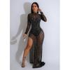 European & American Fashion Women's Solid Mesh Slit Long Dress with Hot Drill Accents