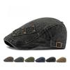 Unisex Washed Denim Flat Cap, Vintage Rivet Newsboy Hat, Distressed British Painter Beret with Adjustable Strap