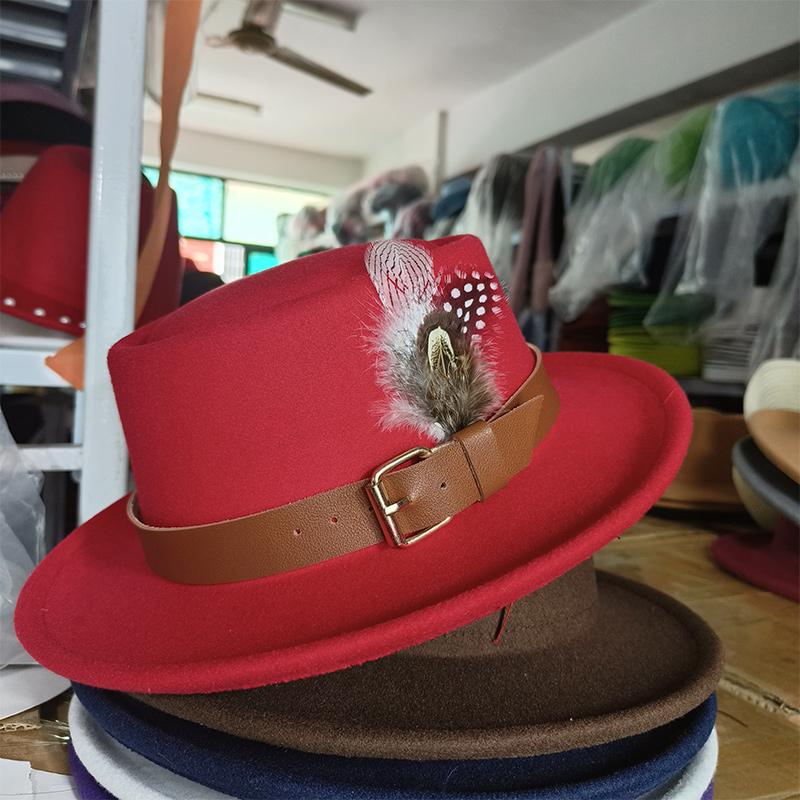 Vintage Pork Pie Hat Men feather fedora hat Webbing Decorative flip-brim Felt hats Panama Gentlemen women Church Jazz Hat
