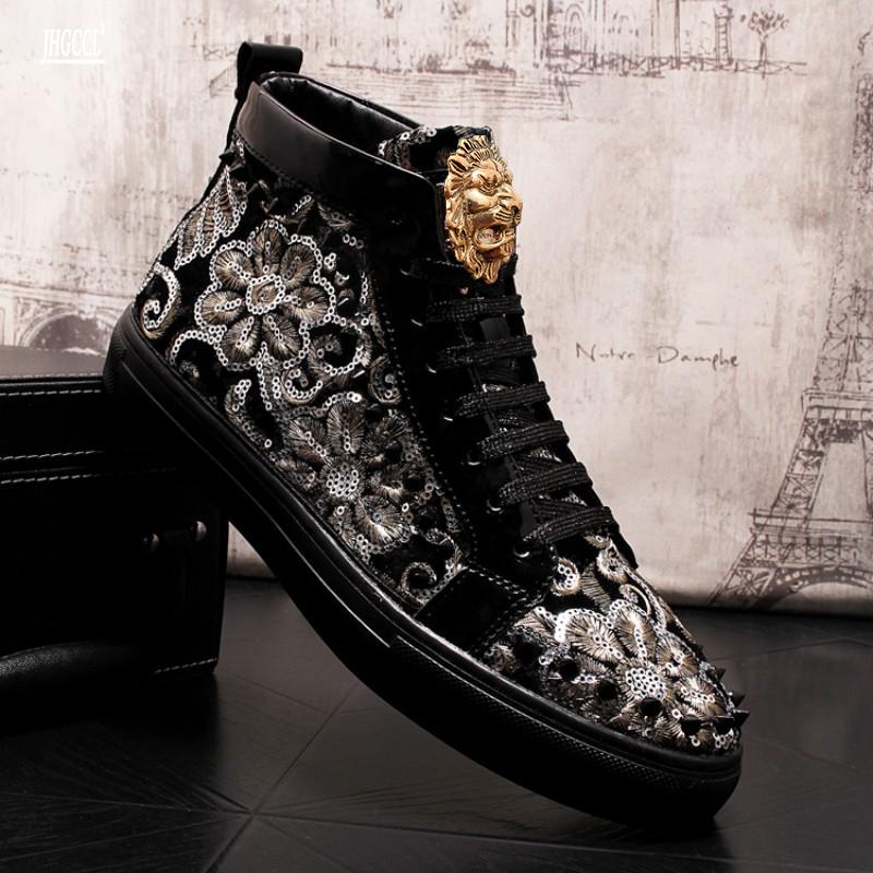 Fashion Men's Fashion Casual Short Ankle Boots Spring and Autumn Rivets Luxury High Top Shoes A7