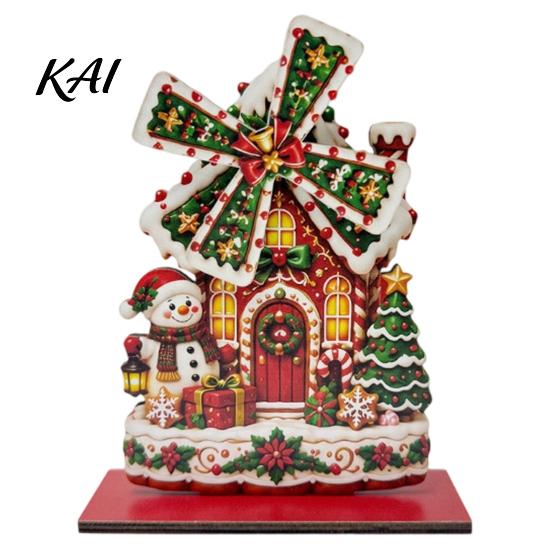 Holiday Seasonal Room Decor Christmas Windmill Wooden Ornament, Decorative Craft with Rotating Ornament Blades, Handmade Figurine for Home Tabletop