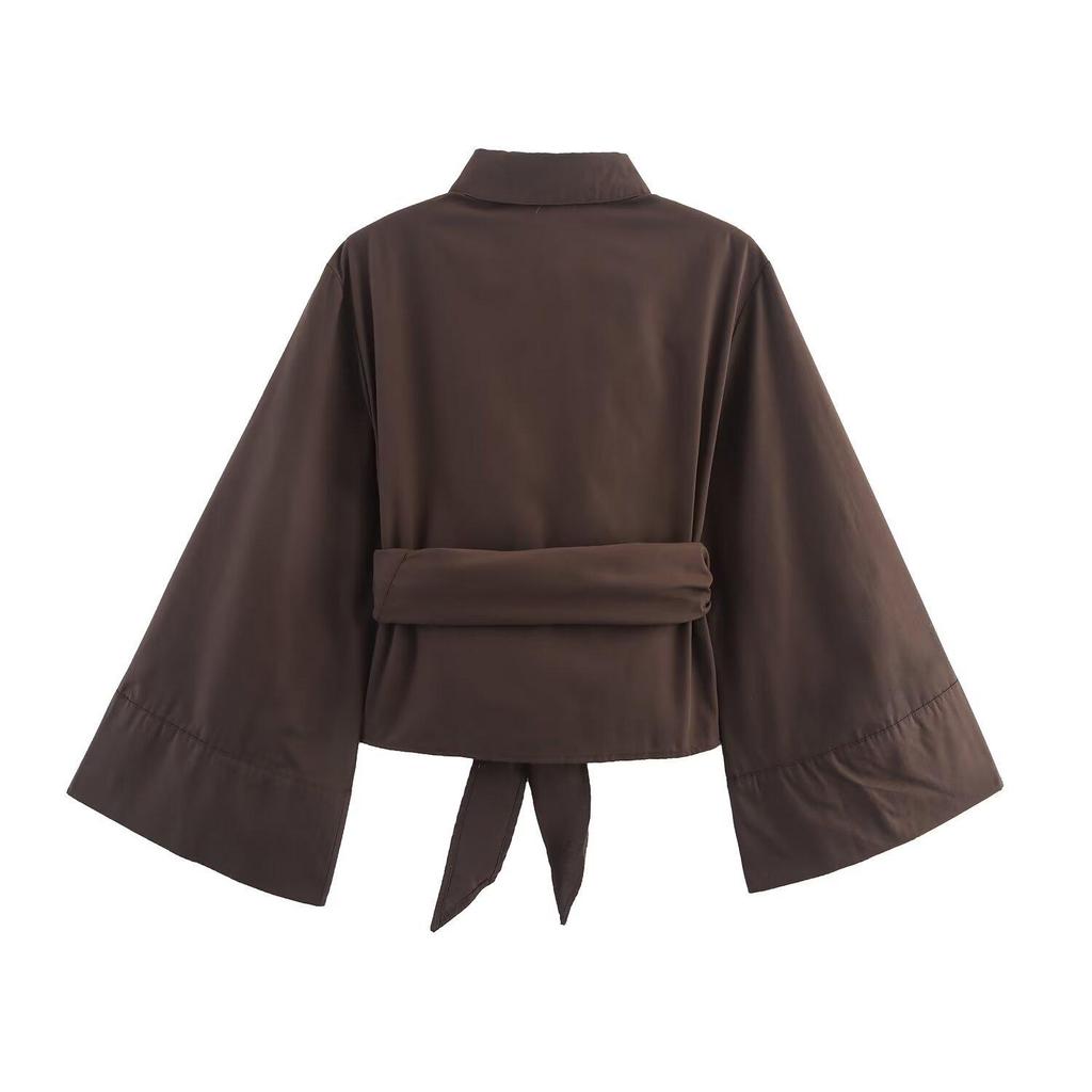 2025 Spring Women's Double-Breasted Poplin Slim Shirt with Bow Tie - European & American Style