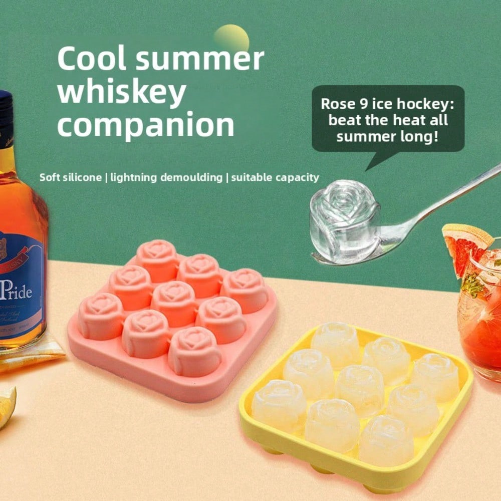 Rose Ice Grid 9 With Ice Cube Mold Whiskey Cold Drink Ice Grid Easy Demoulding Rose Silicone Ice Grid