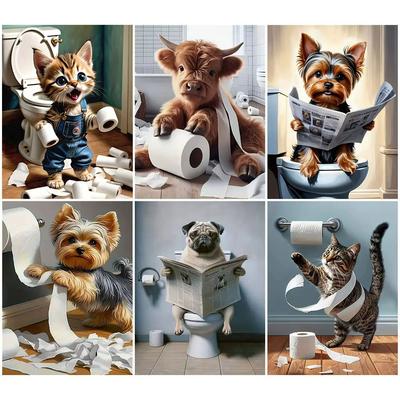 Pittura Diamante Cane Gatto Toilette Cartone Animato Mosaico Diamante Trapano Rotondo Completo Ricamo Decorazione Animale Soggiorno
