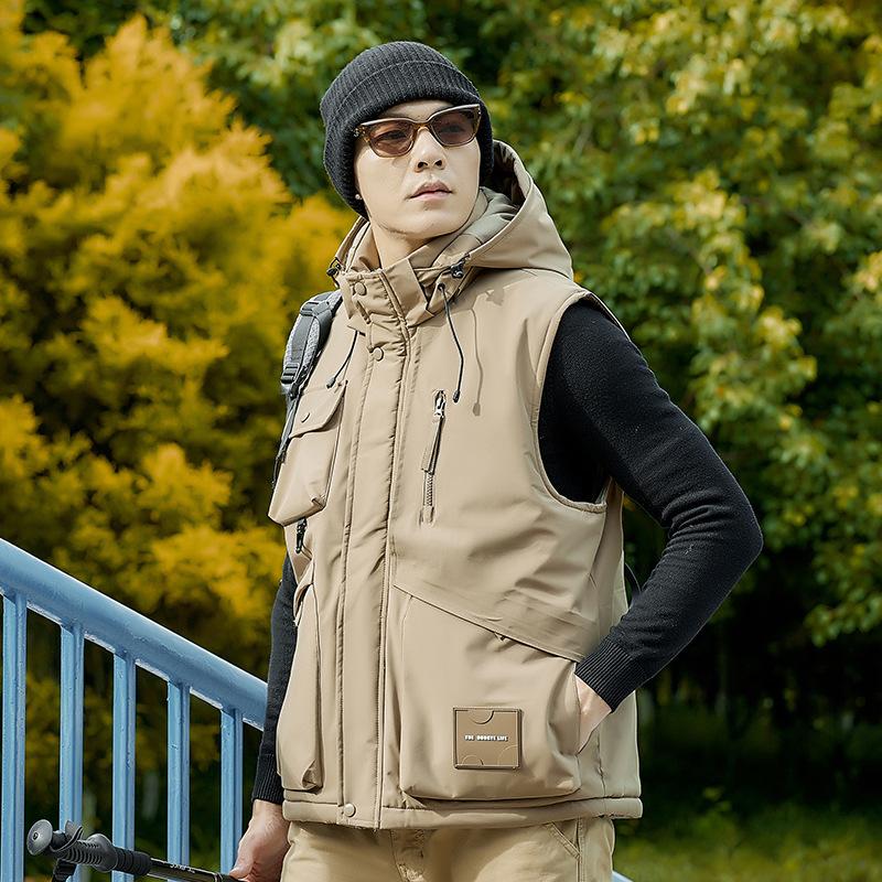 Men's Autumn Plush Thick Outdoor Multi Pocket Camisole Fishing Jacket Men's Multi Pocket Workwear Jacket