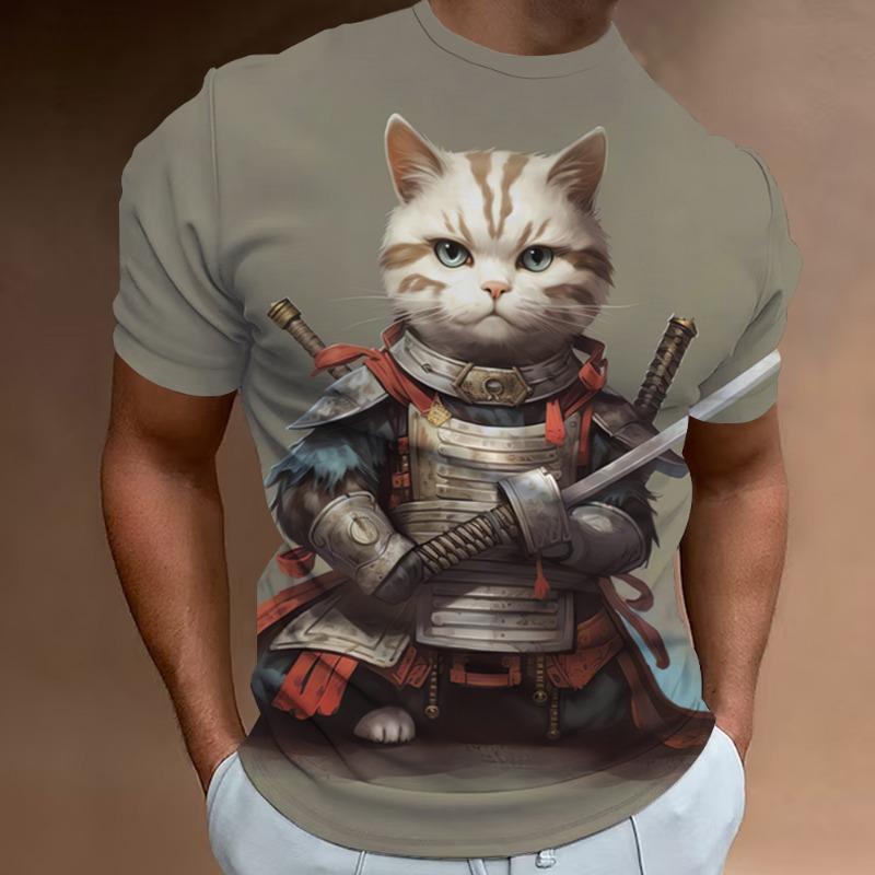 New Retro Men's T-Shirt 3d Samurai Cat Print Short Sleeve T-Shirt For Men Fashion Oversized Man Clothes