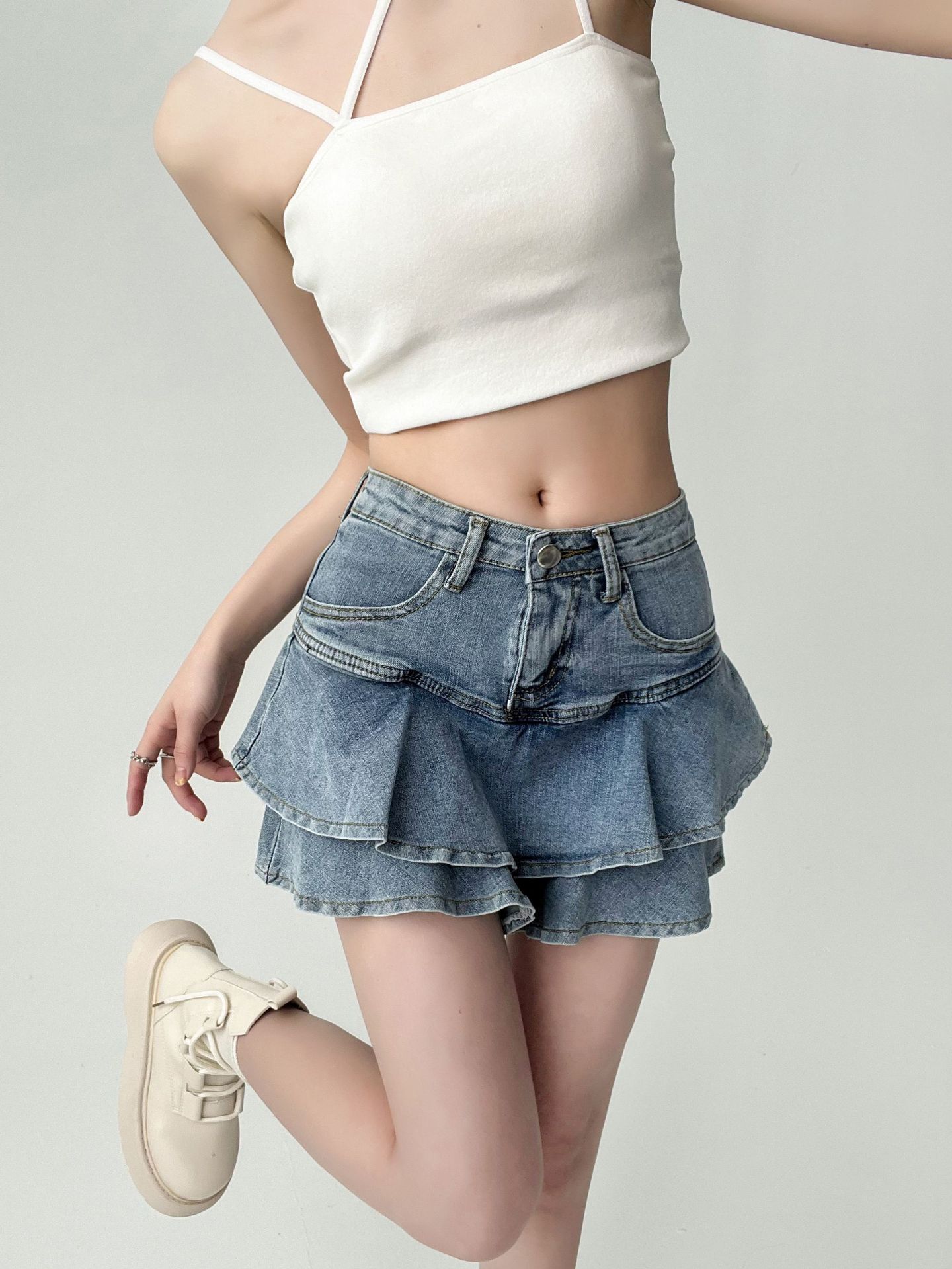 Denim Skirt Women s Summer High Waist Thin A Word Short Skirt Ruffle Edge Hip Skirt Trendy High Waist Light Wash Tiered Denim Skirt S синий